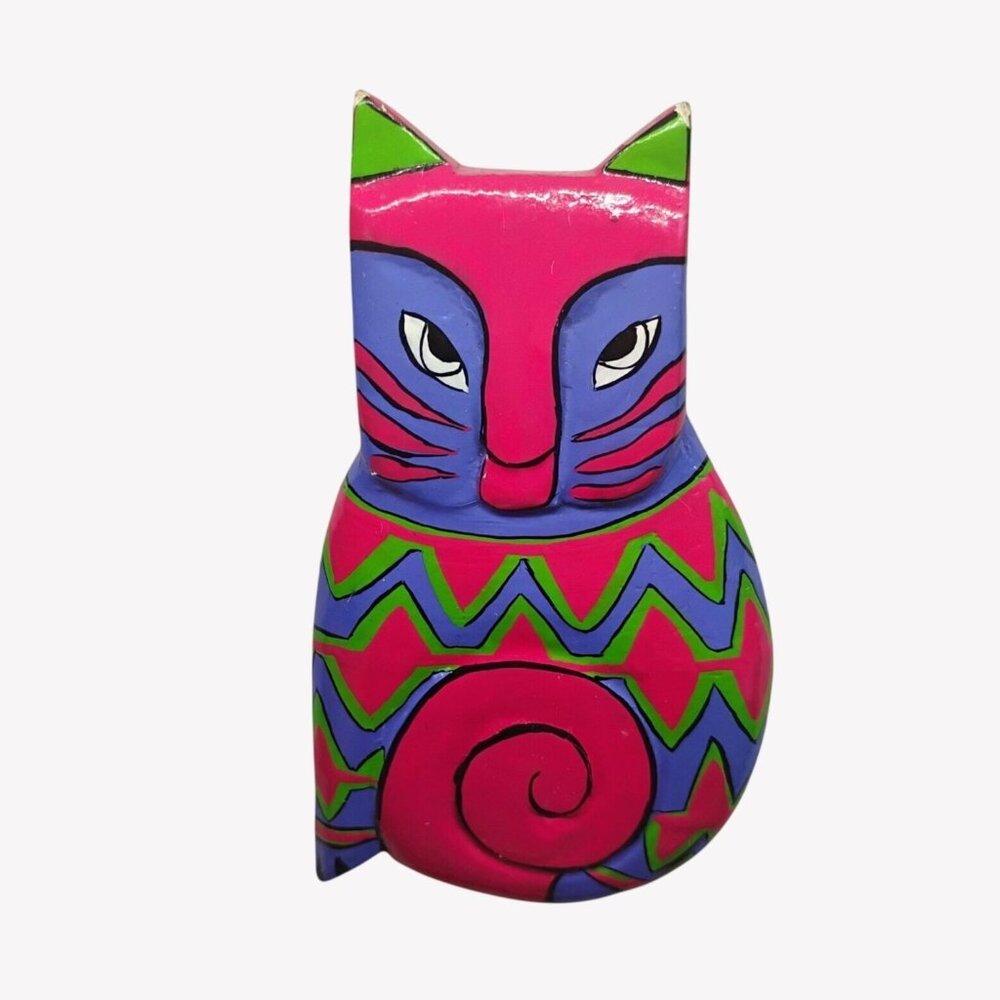 Lauren Burch Style Wood Painted Cat Pin Brooch Pink Purple Green Large 3" Tall